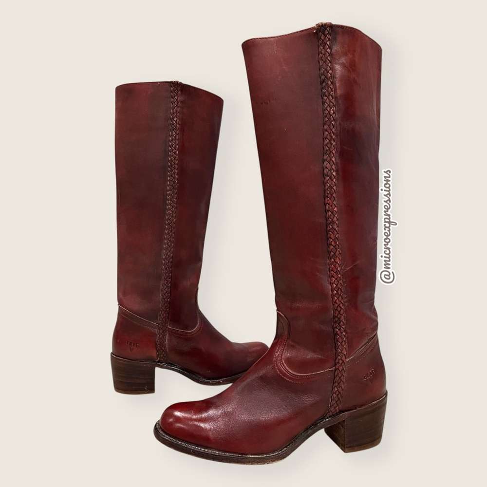 VINTAGE 1970s Frye Campus Leather Red-Brown Real Leather Braided Knee High Boot - Picture 1 of 16